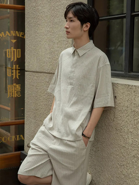 EHE男装品牌2021夏季日系条纹衬衫短裤套装