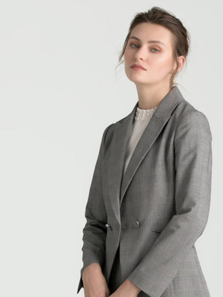 欧柏兰奴女装品牌2021秋冬新一粒扣纯色长袖西装领外套灰格羊毛上衣