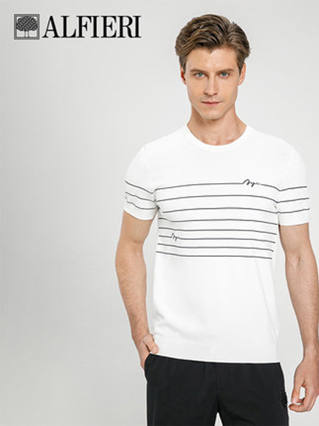 艾法利男装品牌2021春夏新品进口纱线细条纹修身圆领男士短袖针织T恤衫
