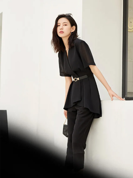 ZHV女装品牌2021夏季黑色收腰显瘦上衣套装