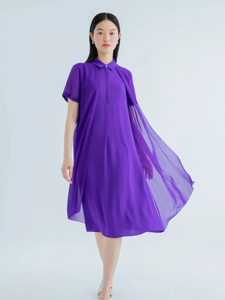 ORIGIN 安瑞井女装品牌2021夏季紫色翻领纱纱连衣裙