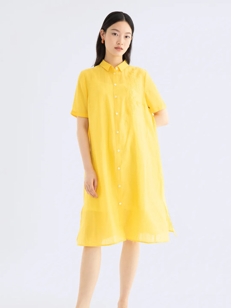 ORIGIN 安瑞井女装品牌2021夏季黄色百搭衬衣裙