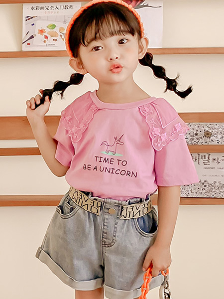 AILISI（埃莉丝）女装/TIPHAINE女装童装品牌2021夏季粉色独角兽刺绣T恤套装