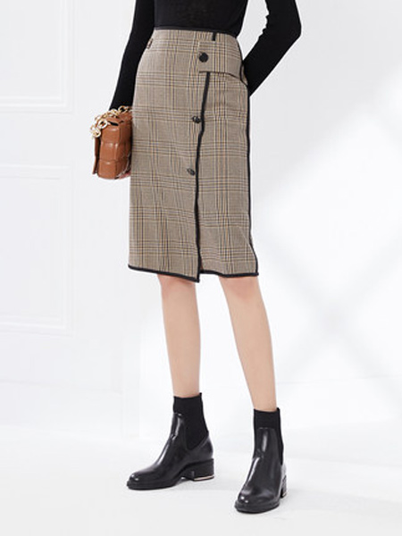 卡迪黛尔女装品牌2021秋季新款羊毛纽扣不规则气质格子百搭半身裙