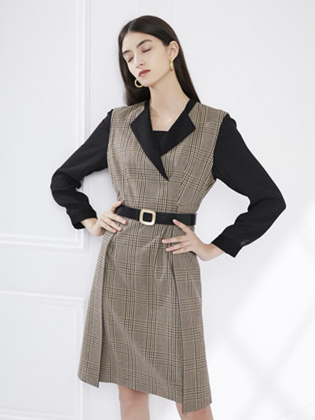 卡迪黛尔女装品牌2021秋季新款绵羊毛雪纺拼接通勤格子气质长袖高腰连衣裙