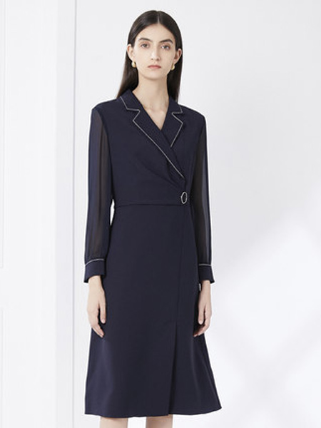卡迪黛尔女装品牌2021秋季新款法式风收腰气质通勤西装领长袖中长连衣裙