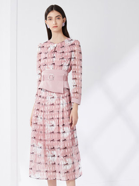 卡迪黛尔女装品牌2021秋季新款设计师款提花长袖休闲印花中长连衣裙