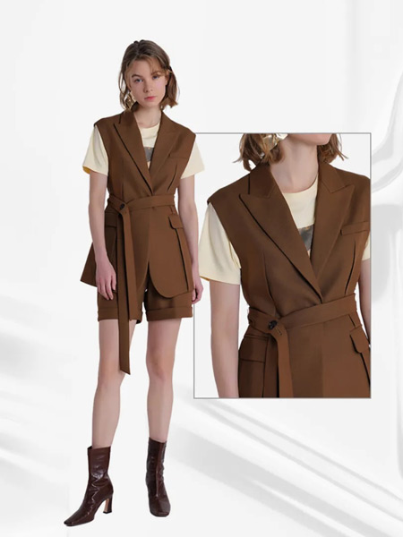安所女装品牌2021秋季系带显瘦西装马甲外套