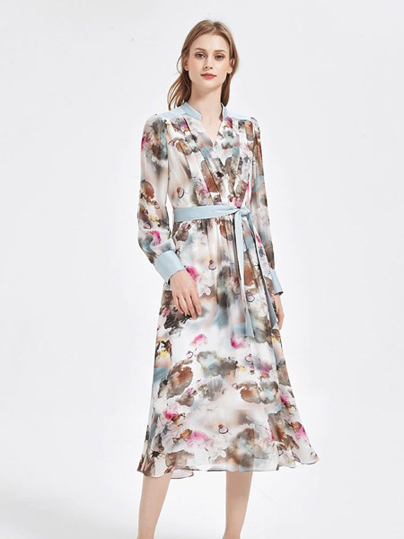 欧蒂芙女装品牌2021夏季V领系带修身连衣裙