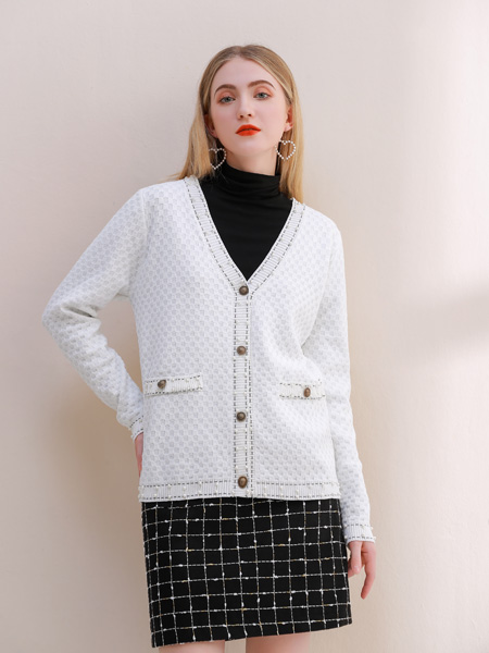 艾麗哲女裝品牌2021秋季白色鏤空針織衫外套