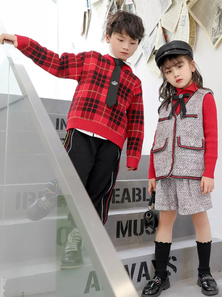 两个小朋友童装童装品牌2021秋冬格子系带针织上衣