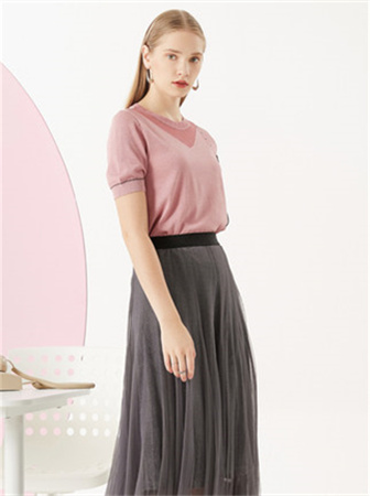 卡迪黛尔女装品牌2021秋季新款纯色圆领网纱微透视小心机气质宽松针织衫