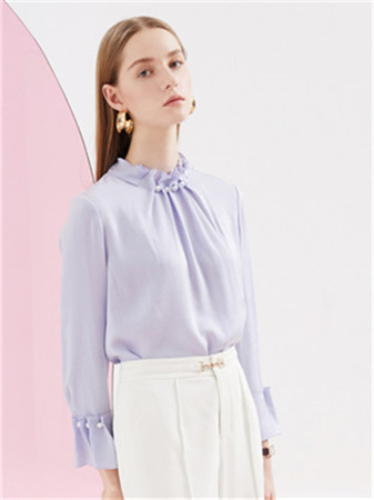卡迪黛尔女装品牌2021秋季立领褶皱钉珠设计感时尚通勤文艺气质雪纺衬衫