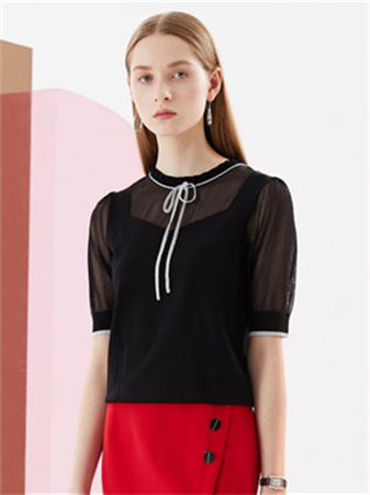 卡迪黛尔女装品牌2021秋季新品纯色假两件透视网纱遮肉显瘦百搭气质针织衫