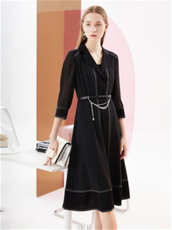 卡迪黛尔女装品牌2021秋季新品纯色V领明线修身优雅气质高腰七分袖连衣裙