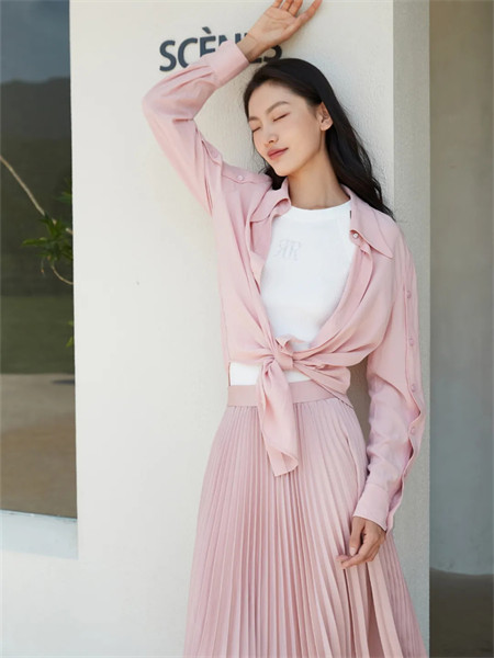 朗美睿女装品牌2021秋季粉色看上系带衬衫套装