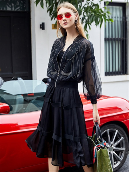 卡尼欧女装品牌2021秋季蕾丝薄款印花外套套装
