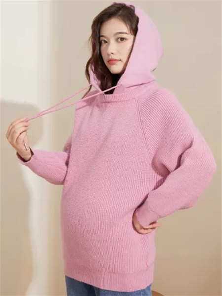 孕之彩孕妇装品牌2021秋季粉色系带宽松针织卫衣