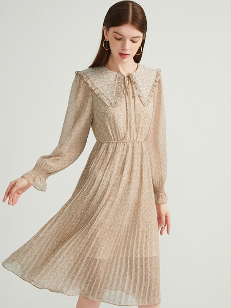 音菲梵女装品牌2021秋季雪纺系带显瘦连衣裙