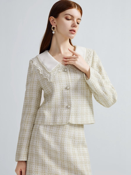音菲梵女装品牌2021秋季雪纺格子纹路外套套装