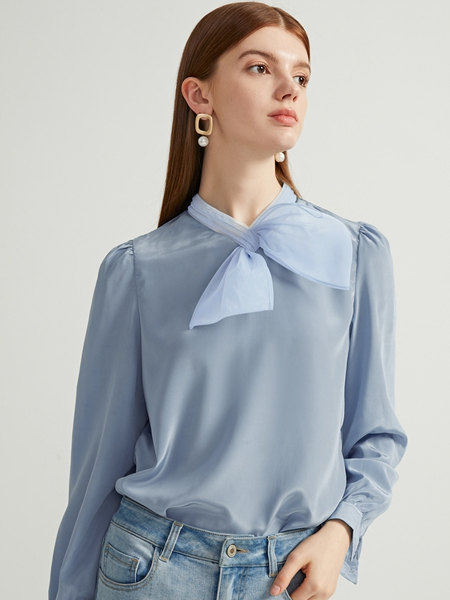 音菲梵女装品牌2021秋季系带圆领丝光棉衬衫