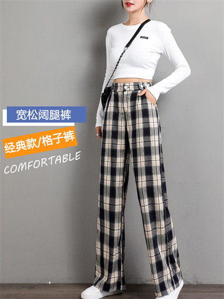 娅丽达女装品牌2021秋季格子纹路纯棉长裤