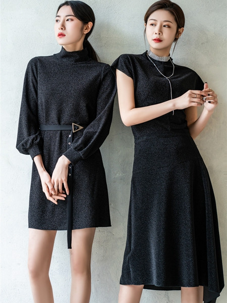 3ffusive女装品牌2021秋季圆领段位修身显瘦针织连衣裙