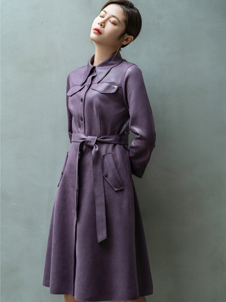 3ffusive女装品牌2021秋季紫色翻领宽松皮衣外套