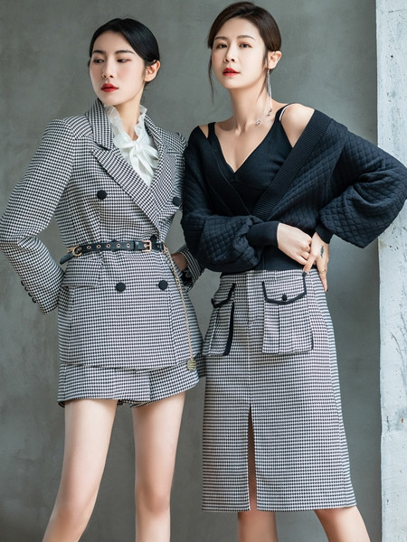 3ffusive女装品牌2021秋季格子纹路系带外套两件套