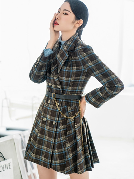 3ffusive女装品牌2021秋季韩版格子纹路系带修身两件套