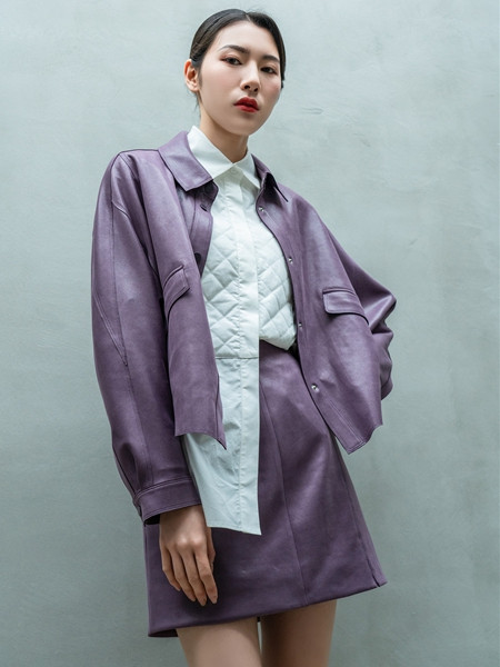 3ffusive女装品牌2021秋季紫色潮流皮衣两件套