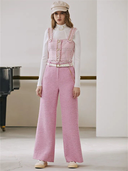 裘缇诺女装品牌2021秋季格子纹路针织衫背心两件套