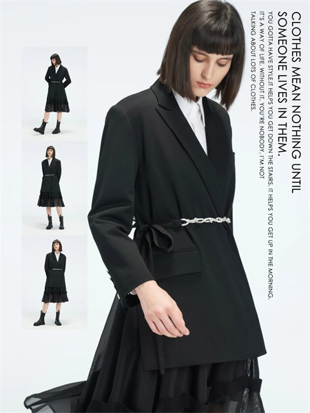 保时霓女装品牌2021秋季修身系带西装外套两件套
