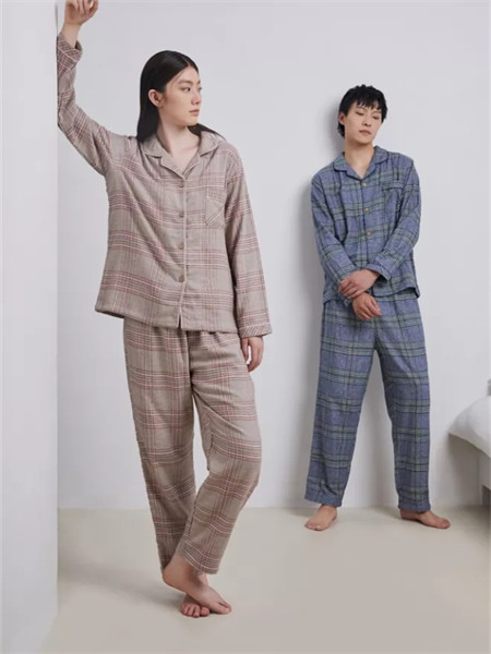 SOFU舒工坊内衣品牌2021秋季经典格子纹路纯棉睡衣套装
