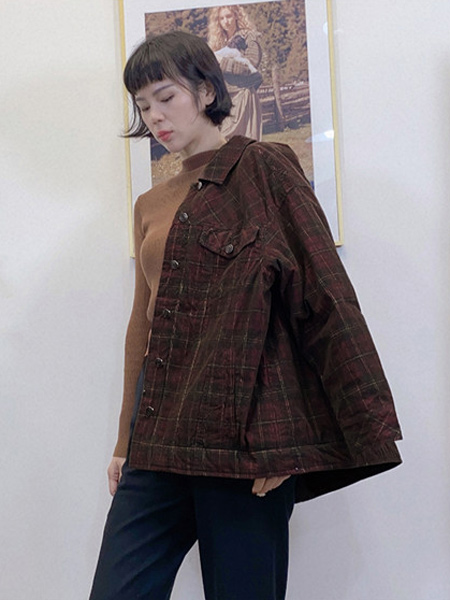 TALASA塔拉夏女装品牌2021秋季复古格子灯芯绒夹克羽绒服