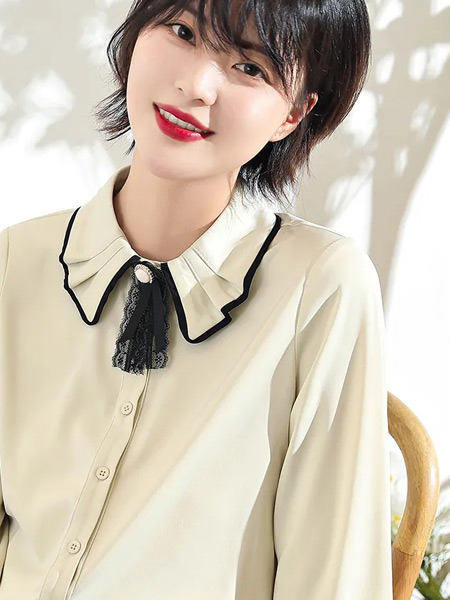 莉雅莉萨女装品牌2021秋季蕾丝系带翻领纯棉衬衫