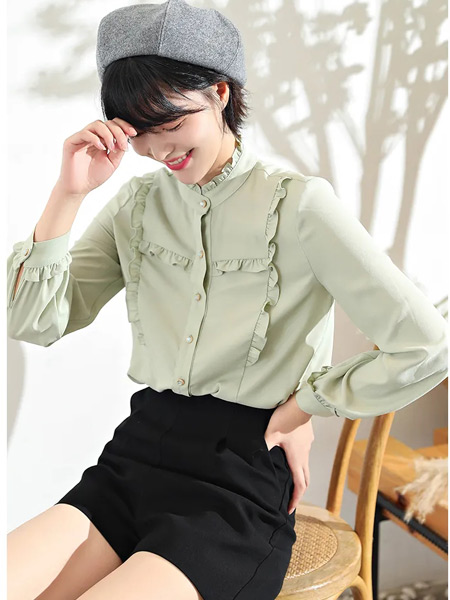 莉雅莉萨女装品牌2021秋季褶皱圆领纯棉舒适衬衫