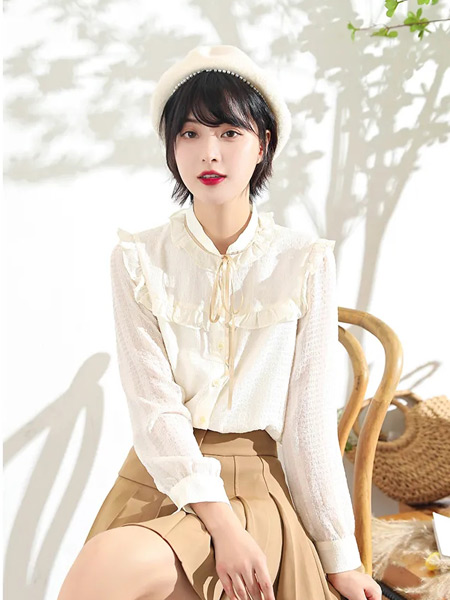 莉雅莉萨女装品牌2021秋季系带透气针织衬衫