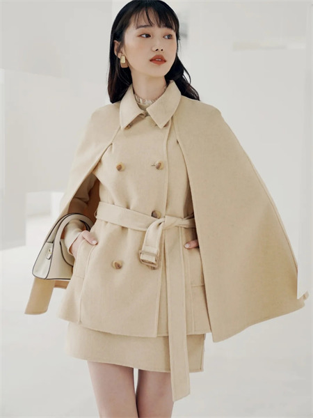 安所女装品牌2021秋冬修身系带翻领纯棉外套两件套