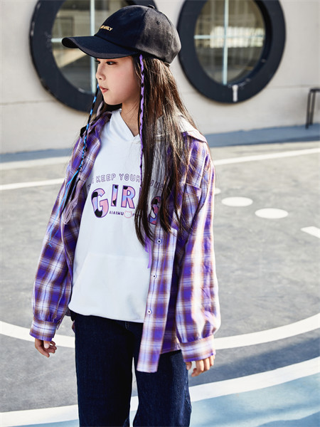 艾艾屋童裝品牌2021秋季紫色格子紋路襯衫套裝