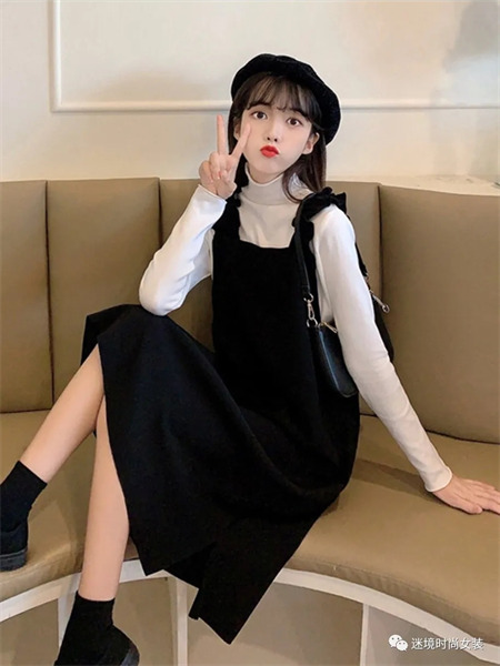 迷境女装品牌2021秋季韩版黑色甜美通勤风连衣裙
