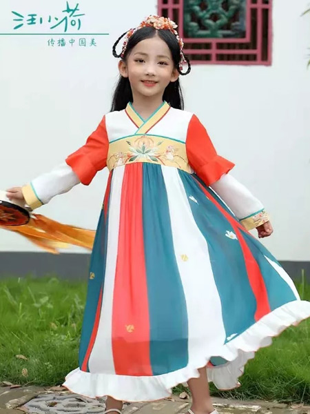 汪小荷童装品牌2021秋季中国风条纹荷叶边复古长裙