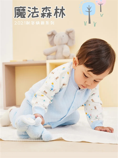 小米米童装品牌2021秋季拼接色刺绣纯棉连体衣