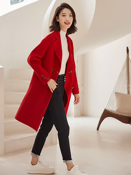 迪笛欧女装品牌2021冬季红色长款呢子外套