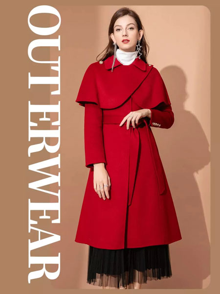 优韩一号女装品牌2021冬季红色气质长款大衣