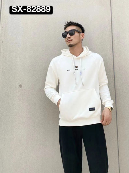 男人代码男装品牌2021秋冬白色简约袋鼠袋卫衣