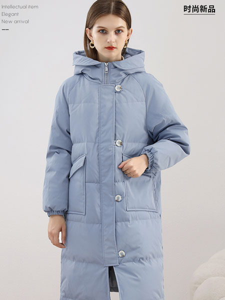 拉夏贝尔女装品牌2021秋冬长款连帽羽绒服