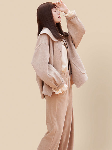 丽迪莎女装品牌2021冬季粉色休闲呢子外套