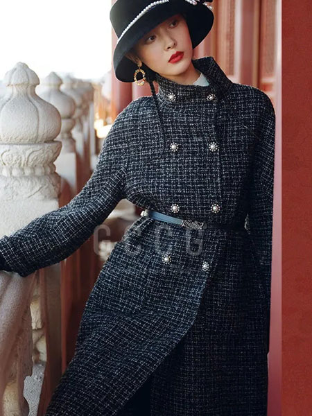 GCCG女装品牌2021冬季系腰带格纹长款大衣