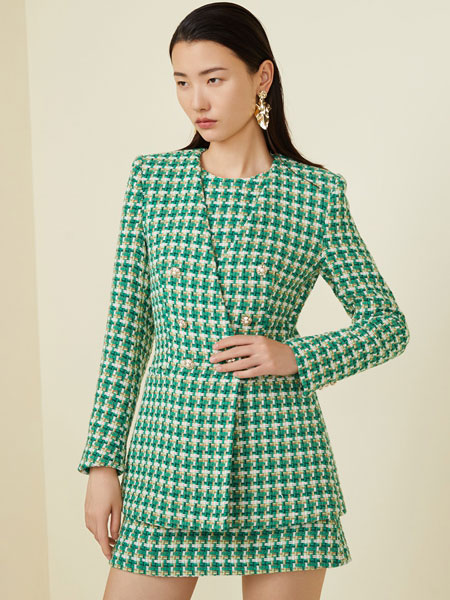 奥伦提女装品牌2021冬季绿色格子时尚套装
